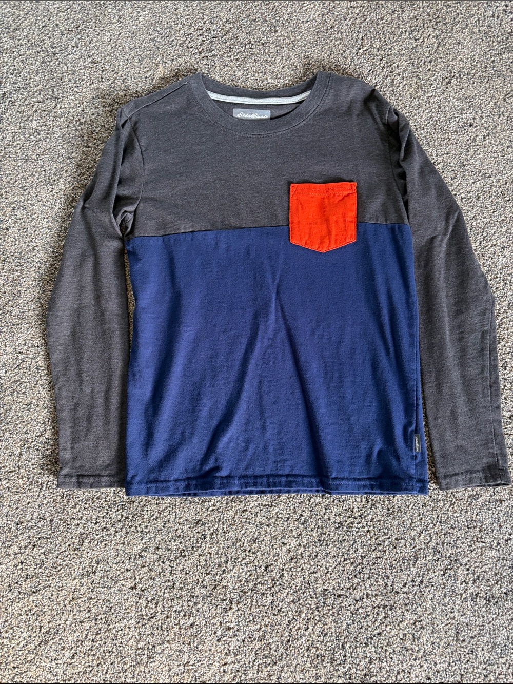 Boys Eddie Bauer Long Sleeve Colorblock Tee Charcoal, Navy & Red Pocket M 10/12